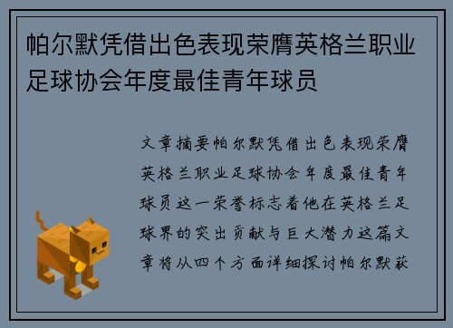 帕尔默凭借出色表现荣膺英格兰职业足球协会年度最佳青年球员